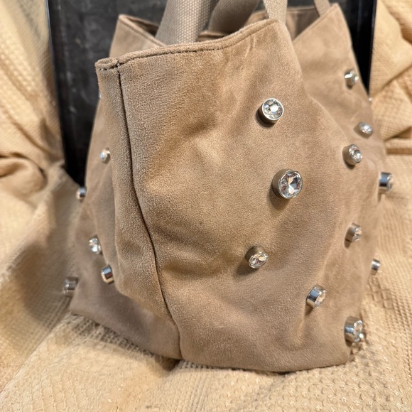 Anthropologie Rhinestone Studded Rivet Velvet Suede Satchel Tote Bag Slouch - Picture 5 of 9